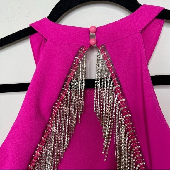 Emerald Sundae Sleeveless HighNeck Rhinestone Fringe Back Dress Neon Pink XS NWT - Picture 4 of 15